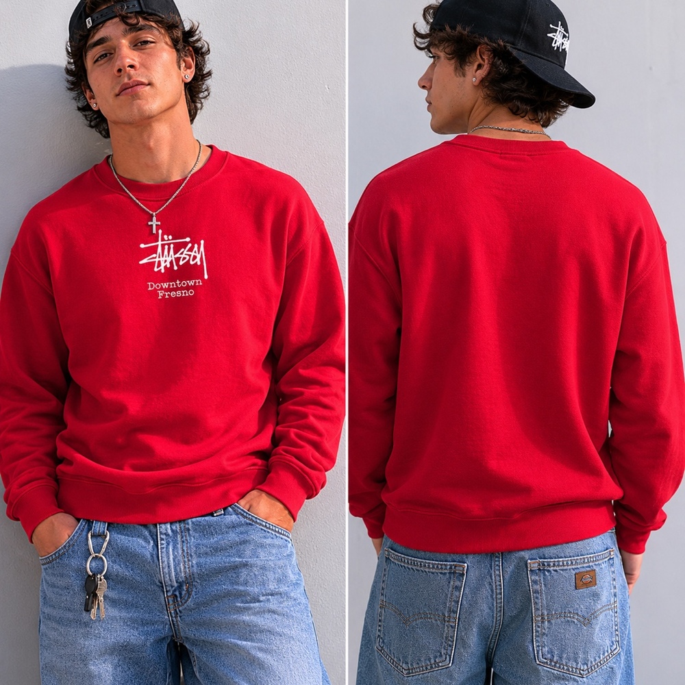 Vintage Stüssy Downtown Fresno Red Crewneck Sweatshirt Streetwear Pullover
